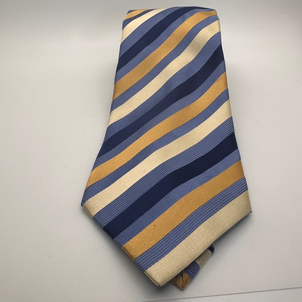 Geoffrey Beene Striped Necktie Blue‎ Gold Beige Silk Business Career Handmade